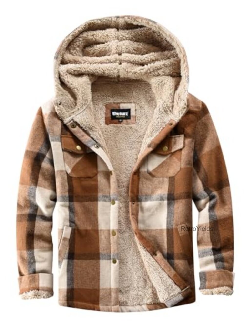 Fleece Flannel Plaid Button Down Hooded Jacket